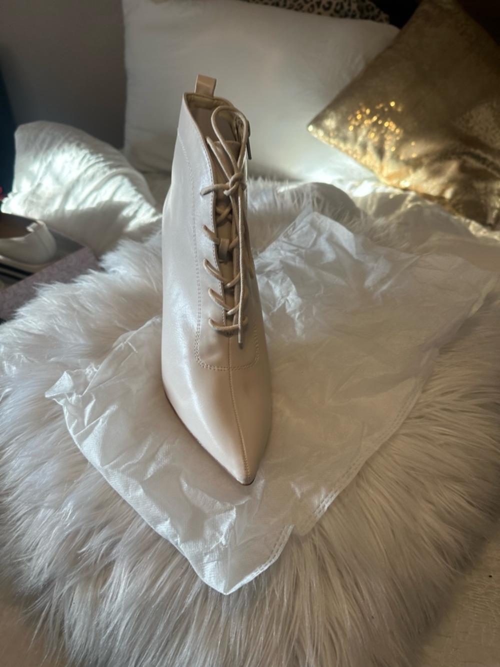Lace-Up Pointed Toe Women's Ankle Boot in Cream